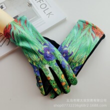 欧美时尚3D印花油画手套女冬AB版麂皮绒全指加绒加厚触屏保暖手套