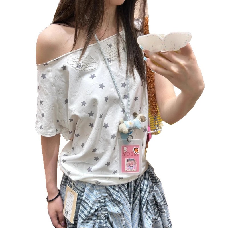 Sweet Hot Girl Pure Desire Star フルプリントオフショルダー Tシャツ女性用 2025 夏新作ニッチルーズオフショルダー半袖トップ|undefined