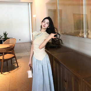 New Chinese Style National Style Suit Skirt for Women Summer New Temperament Top Loose Skirt Two-Piece Set Other Chenille