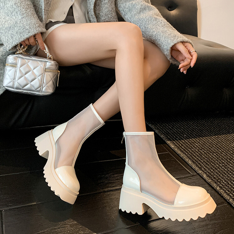 Boot ngắn nữ da thật vải lưới cao gót 6cm mùa hè phong cách Anh thoáng khí — Màu đen, Trắng be chi tiết 97
