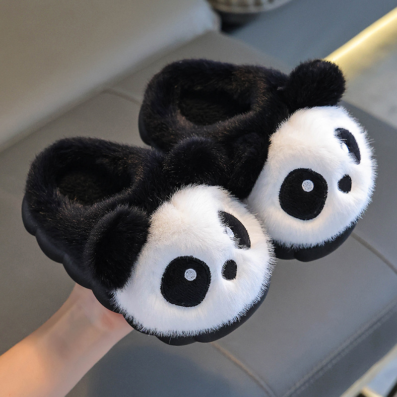 Panda zapatillas de algodón de invierno para niños y niñas, calentamiento y pelusa, zapatos de algodón para padres e hijos lindos para niños