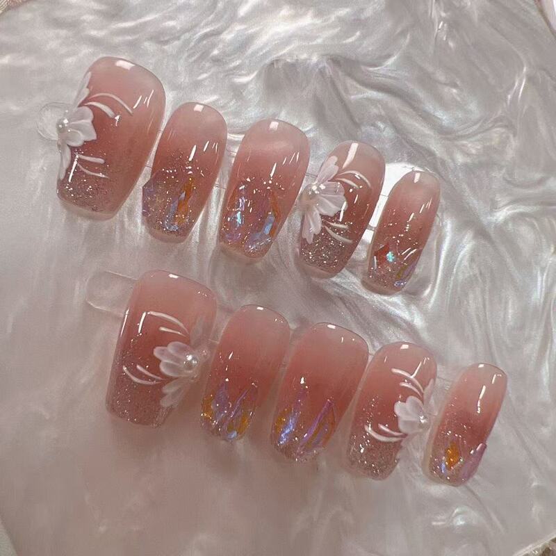 Handmade Nails with Fairy Rabbit Silk Flowers, Dreamy Sparkling Nude Pink Elegant Nails, Gentle and Whitening Student Manicure