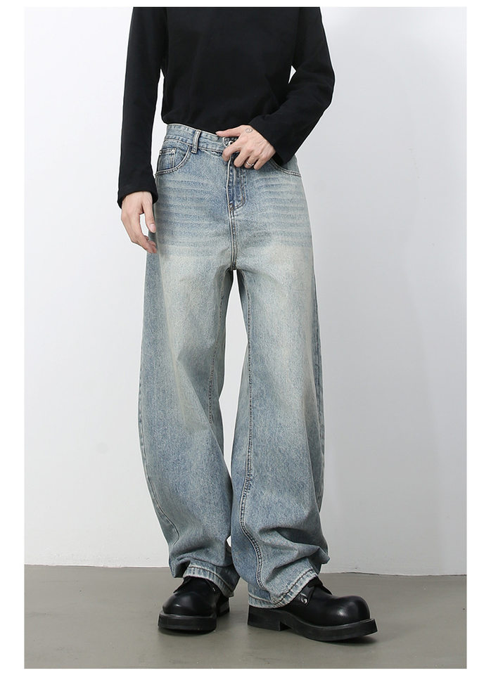 Quần jean nam ống rộng dáng suông cạp vừa phong cách đường phố — Denim đen, Làm cũ, Màu trắng, Màu xanh lam chi tiết 6