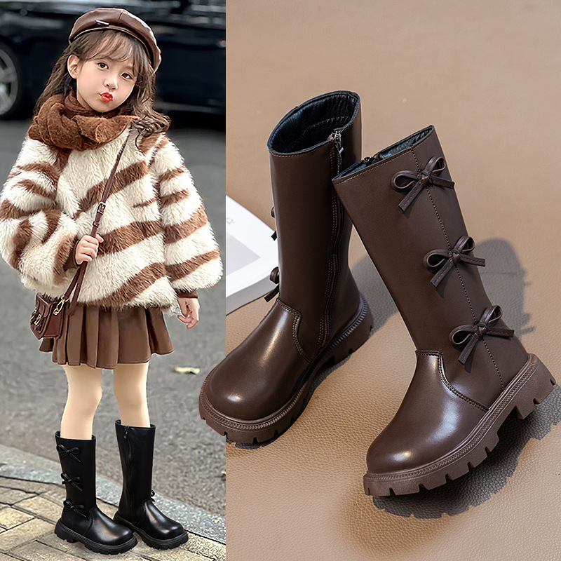 Autumn and Winter Fashion Girls' Knee-High Boots, Leather Boots for Older Children, Bowknot Soft Leather Princess Children's Boots Wholesale