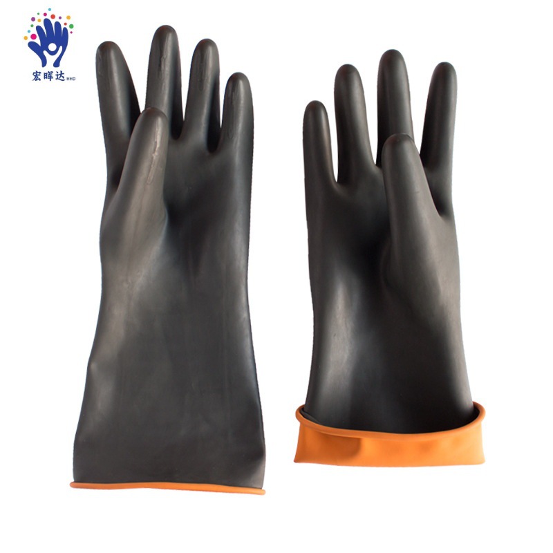 热销工厂直供黑色耐酸碱乳胶强腐蚀内橙外黑工业手套防滑耐磨