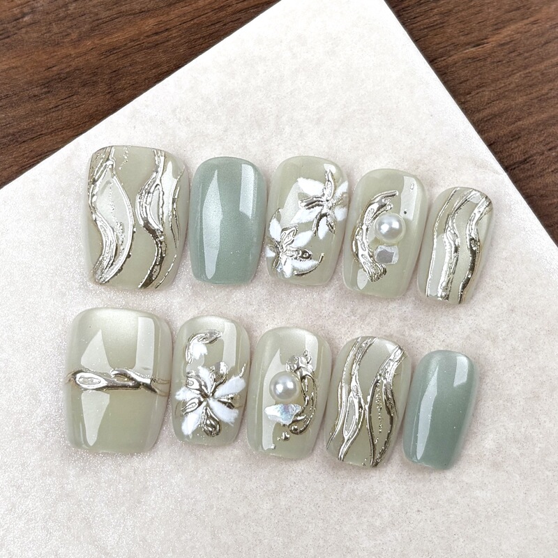 Green Fairy-Like Gold-Plated Ultra-Short Ladder-Shaped Wearable Nails, New Chinese-Style Cat-Eye Artistic Gentle Spring Hot-Selling Nail Stickers Green Fairy-Like Gold-Plated Ultra-Short Ladder-Shaped Wearable Nails, New Chinese-Style Cat-Eye Artistic Gentle Spring Hot-Selling Nail Stickers