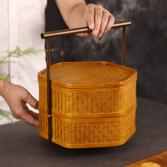 手作り竹編みバスケット二重蓋付き食品ケース中国式レトロ茶器収納ケース家庭用円形菓子配達バスケット