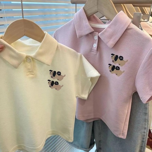 Korean children's summer T-shirt for middle kids 2024, polo collar, loose and casual, turn-up collar top for students