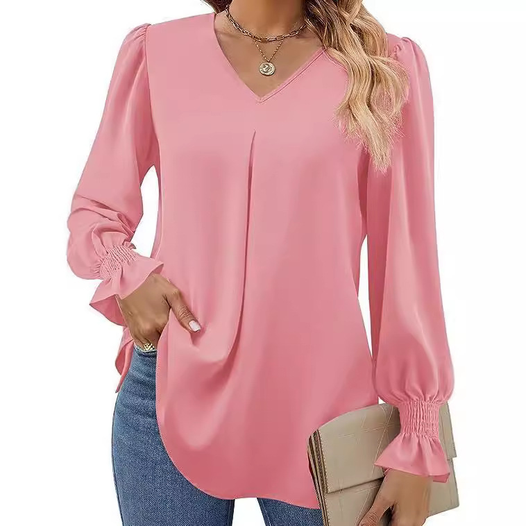 Las mujeres europeas y americanas transfronterizas de Amazon Otoño e Invierno nueva camisa de gasa sólida con cuello en V suéter camisa de manga larga de cuerno