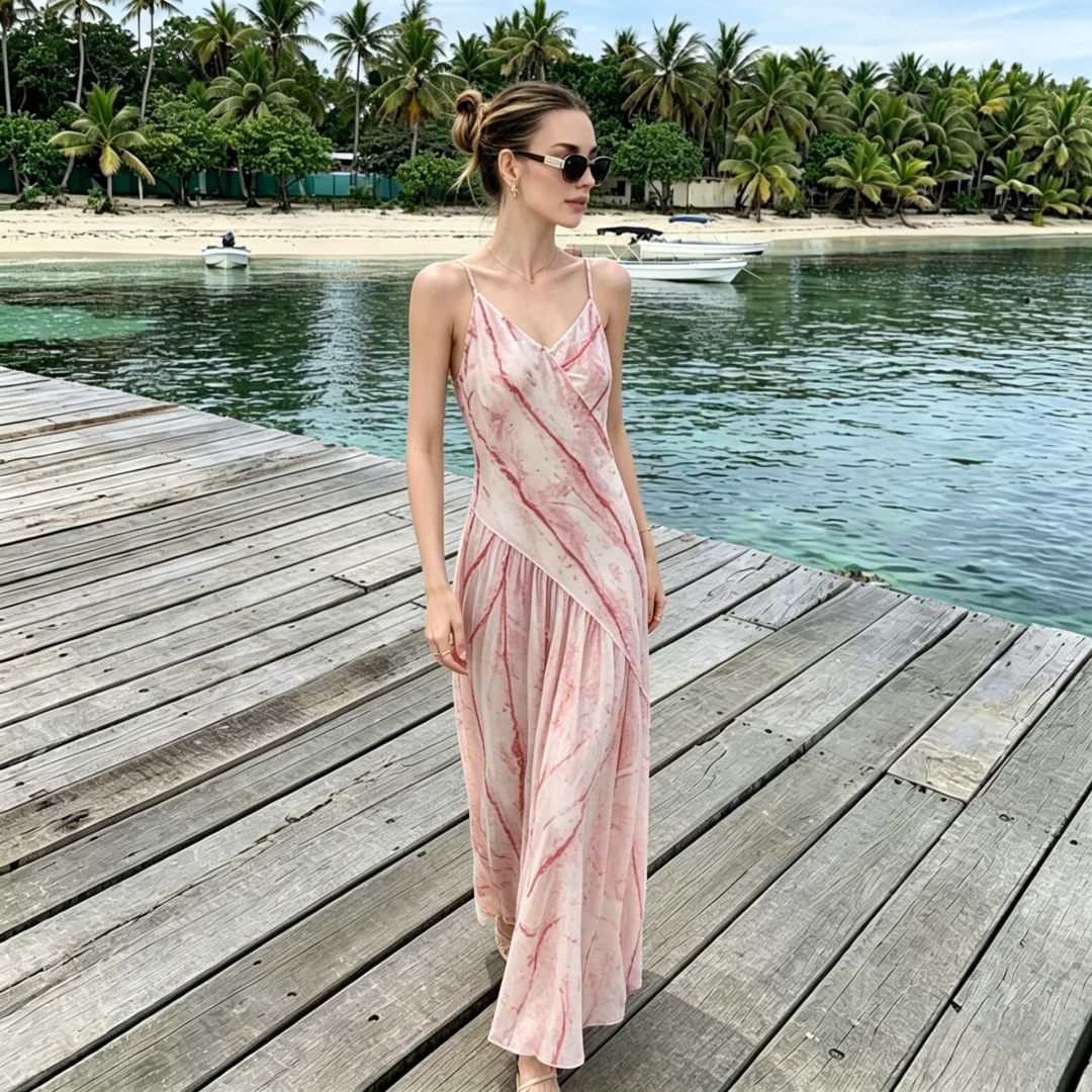 Women's Pink Ombre Stripe Print Halter Maxi Dress – French Resort Elegant Summer Gown_ecoleips.com