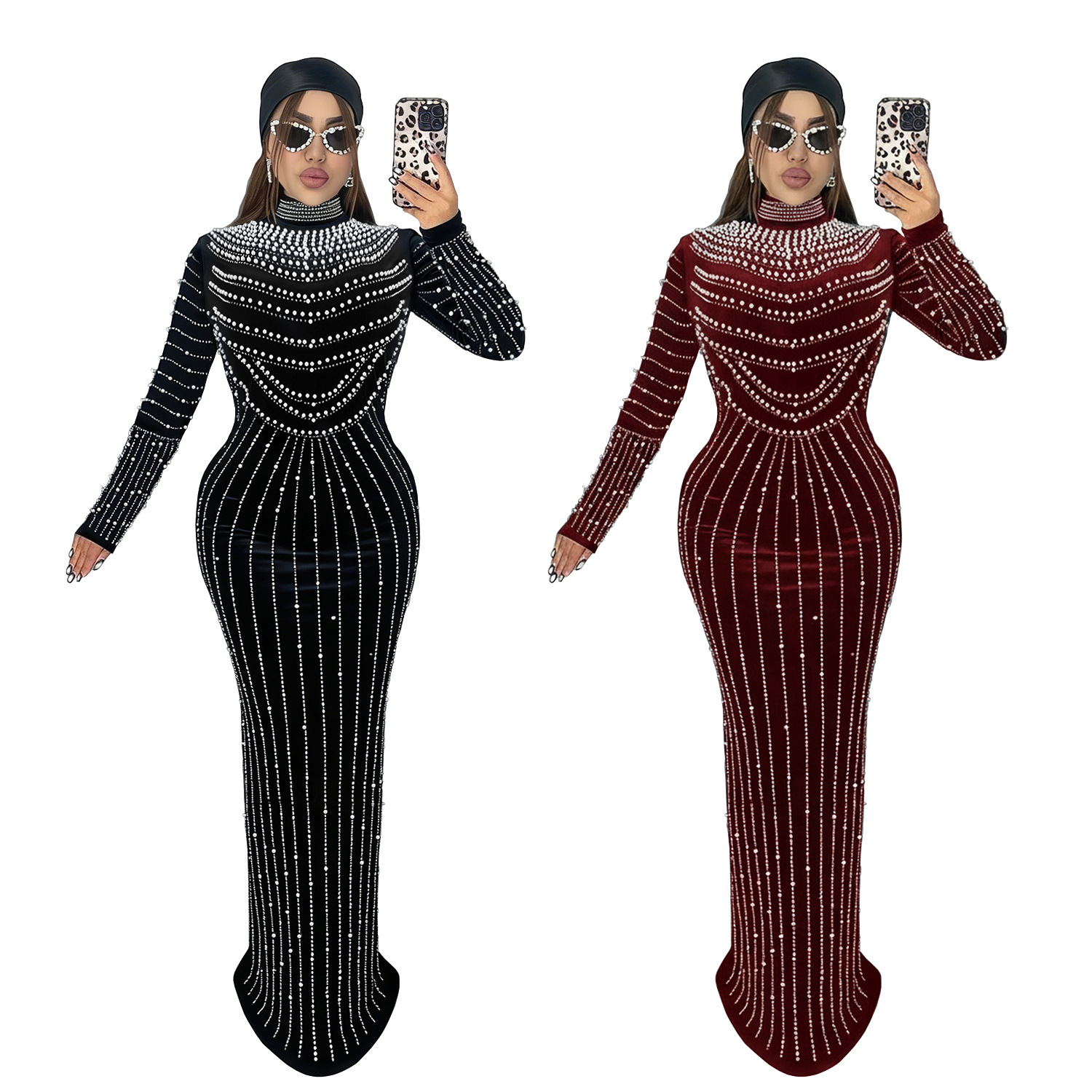 C7617 Aliexpress transfronterizo Amazon Europa y América de moda de mujer temperamento elegante de seda de diamante vestido de manga larga image 6