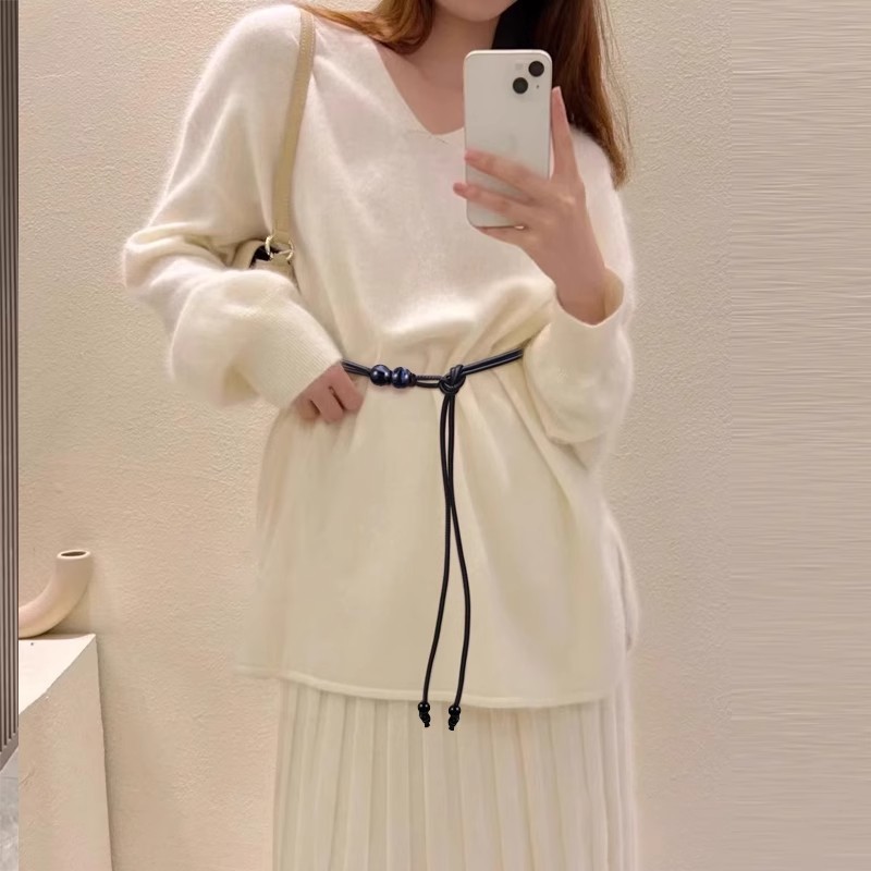 高級感のある細いベルトアクセサリー、女性用レザーロープウエストチェーン、スカート、セーター、コート、ダウンジャケットに合わせやすい黒の万能小ベルト|undefined