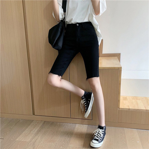 Black denim five-pocket women's summer stretch high-waisted tight shorts for slimming straight-leg cycling pants trendy