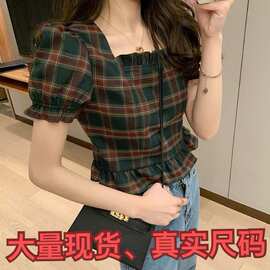 楚楚复古方领泡泡袖格子上衣短款衬衫小个子设计感小众少女感欧美