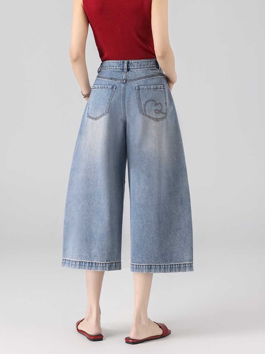 Quần jean nữ ống rộng cạp cao phong cách Mỹ retro, dáng suông rộng che khuyết điểm, dài 7–8 phân — màu xanh nhạt