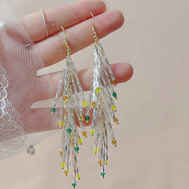 港风复古霓虹银白色麦穗流苏耳环冷淡个性民族风情夸张长款耳饰