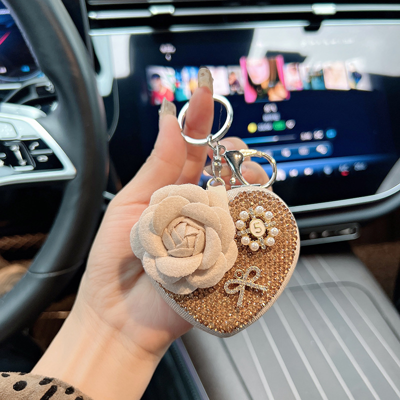 Nuevo camellia amor espejo llavero de diamante espejo plegable portátil llavero de automóvil cuentas bolsa colgante