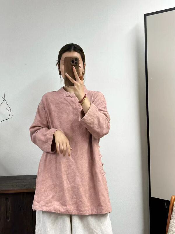 2025秋新款立领斜襟外穿宽松中式女衬衫盘扣茶服复古亚麻提花上衣|undefined