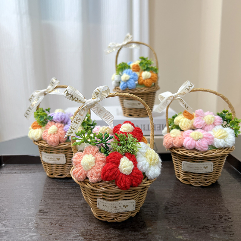 跨境热销新款小花篮盆栽手工毛线钩织泡芙花玫瑰桌面装饰摆件|undefined