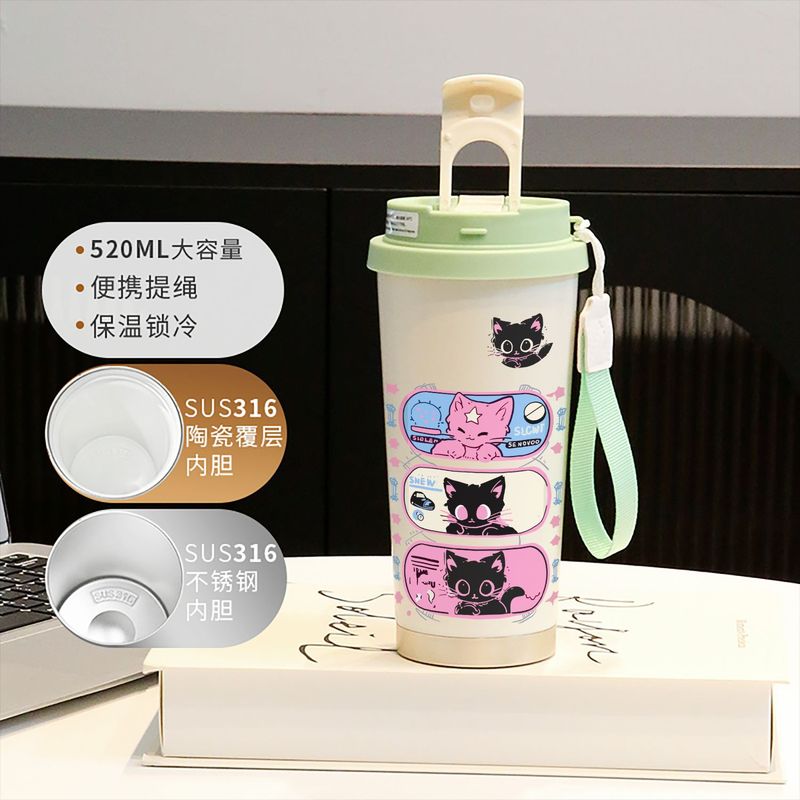 新款童趣咖啡杯316不锈钢保温杯卡通带吸管杯子双饮高颜值喝水杯|undefined