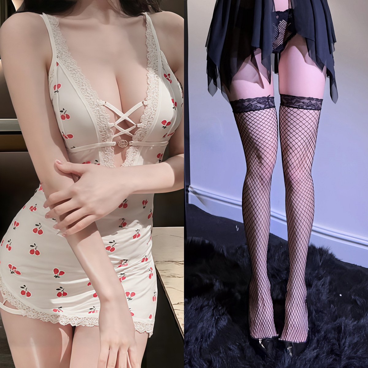체리 잠옷 + 블랙 망사 스타킹