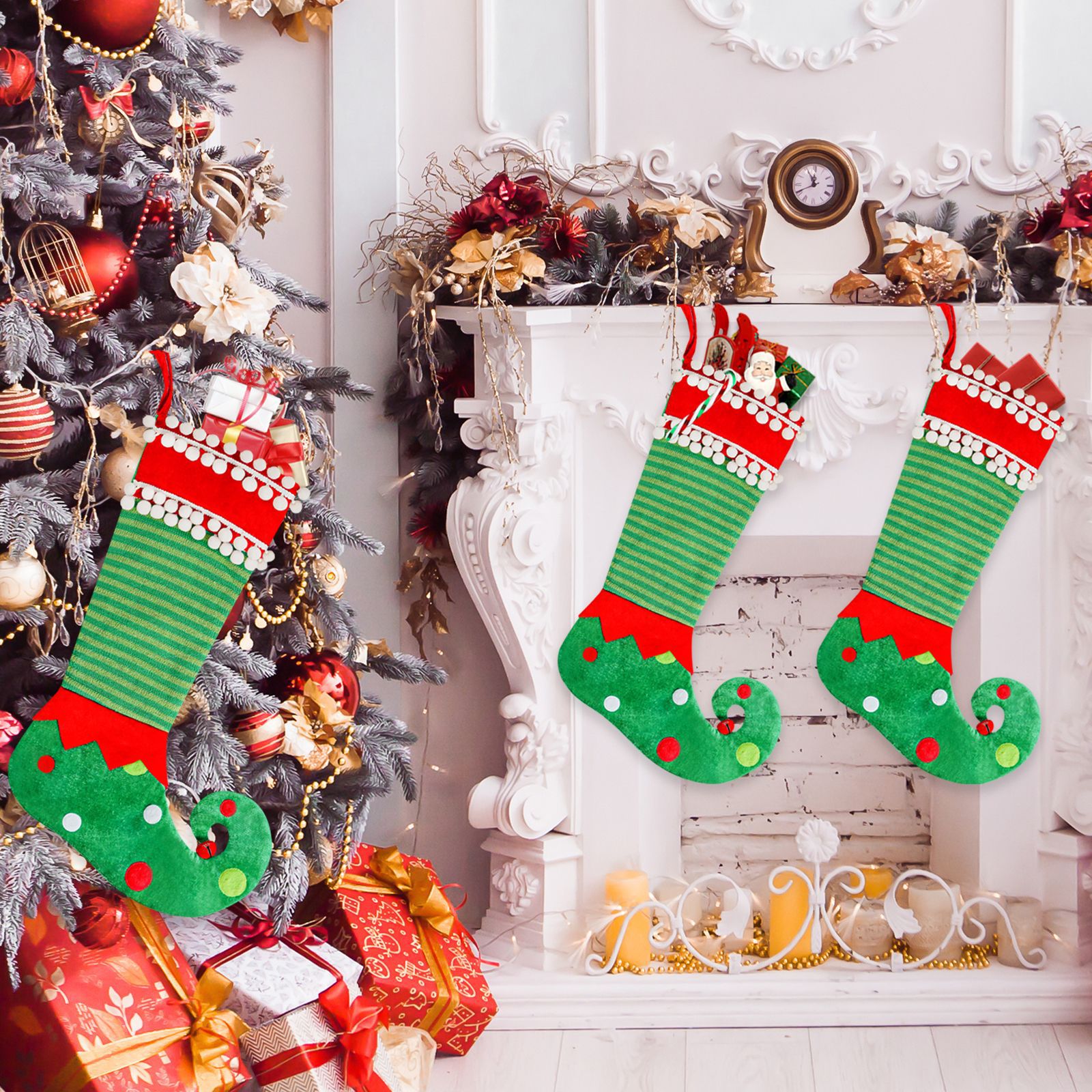 Nuevos calcetines de duende de Navidad Decoración de Navidad verde grandes calcetines de Navidad bolsa de regalo colgante al por mayor