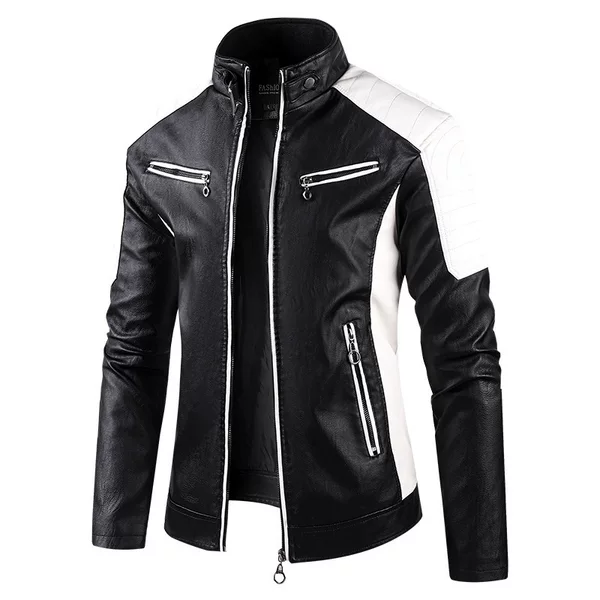 Wish Cross-Border Spot Export Spring and Autum Casual Motorcycle Splicing Leather Jacket Men's Stand Collar Retro Warm Leather Jacket