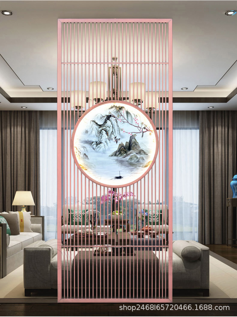 新中式发光灯带不锈钢隔断花格屏风