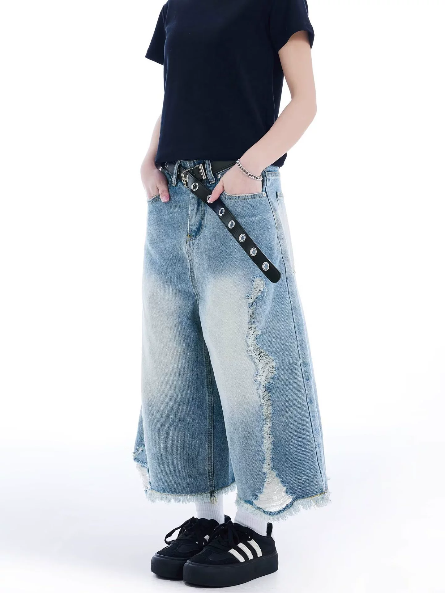 Denim skirt, thin pleated skirt, trousers, summer clothing, high waist, loose fit