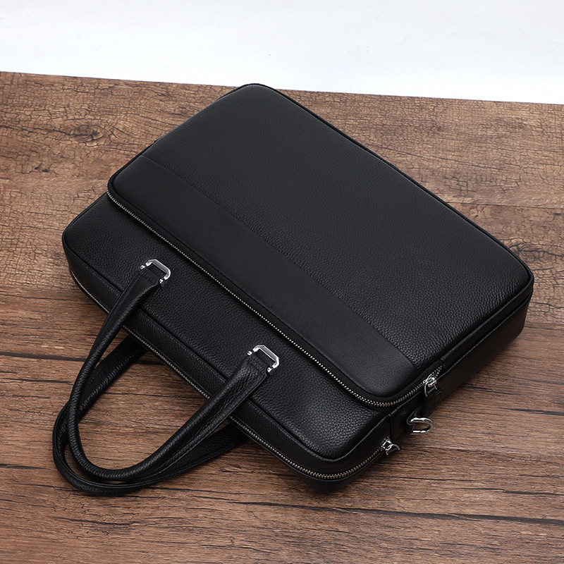 Túi xách tay nam da bò thật 39×9×29 cm đựng laptop 15 inch, túi công sở đeo chéo một vai — Màu đen