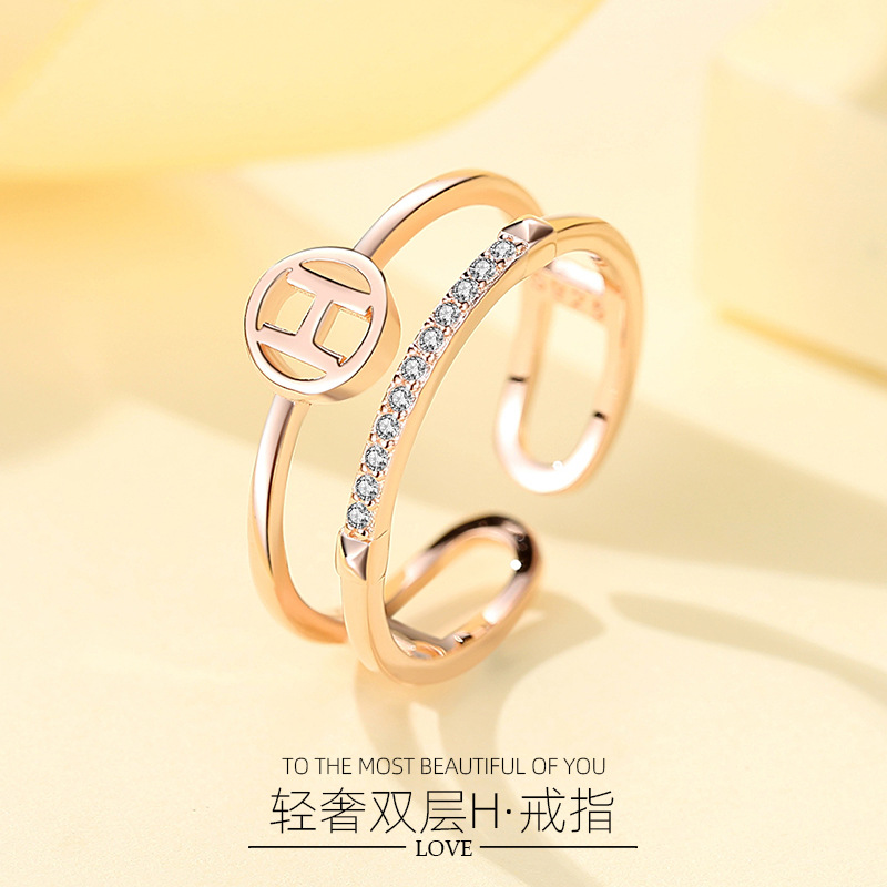 S925 plata esterlina anillo de doble capa hembra japonés y coreano letra H celebridad de Internet diamante incrustado anillo índice abierto anillo de cola de viento frío regalo