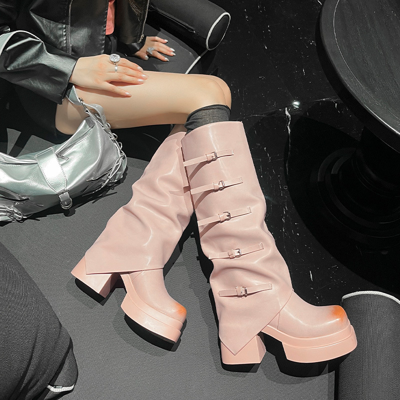 Boot nữ cổ cao gót chunky đế dày phong cách cưỡi ngựa, tăng chiều cao, mùa thu đông — đen, con lạc đà, hồng