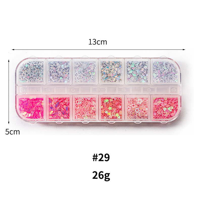 Taifei uñas caja de tira larga lentejuelas 12 rejilla caja de tira larga parche de uñas DIY uñas lentejuelas uñas traje de joyería