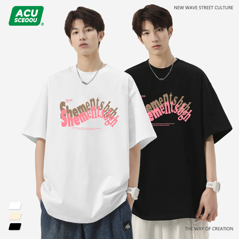 ACU men's clothing | Heavy cotton summer men's short-sleeved T-shirt American fashion letter printed loose half-sleeved T-shirt