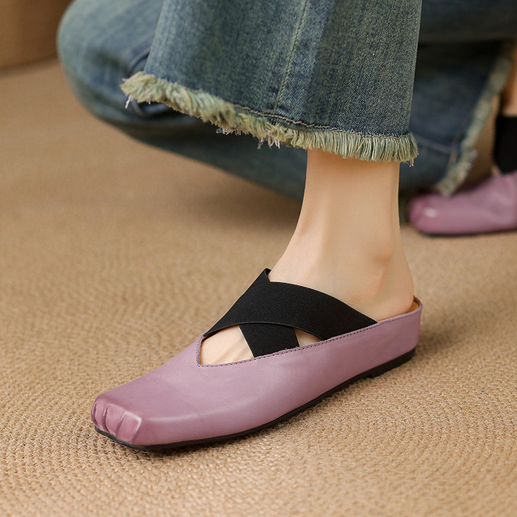 Giày búp bê mũi vuông retro da ngựa, quai sau hở, dép sandal mới hè — đen chi tiết 20