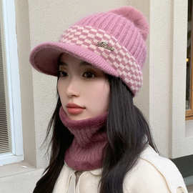 秋冬季新款针织帽毛球户外出行保暖护耳帽子女士毛线围脖两件套