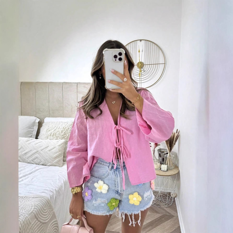 2026 Cross-Border European and American Fashion Influencer Deep V Flare Sleeve Tie-Up Top - Aliexpress New Casual Shirt
