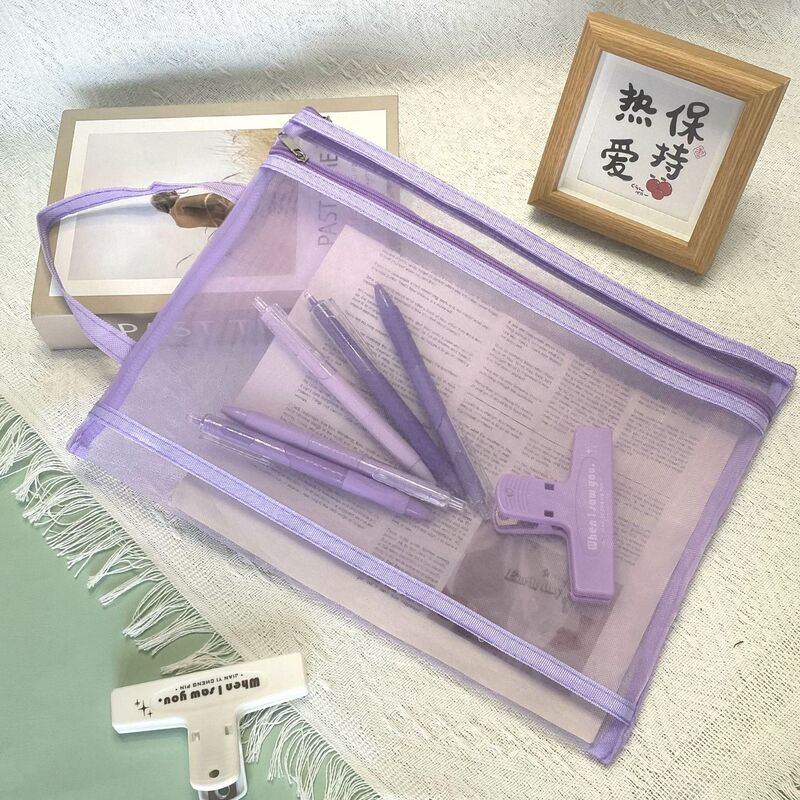 莫兰迪色A4手提双层文件袋试卷袋A6透明网纱笔袋大容量印刷logo|undefined