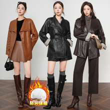 美拉德加绒真皮皮衣女冬季新款复古中长款保暖风衣夹克外套