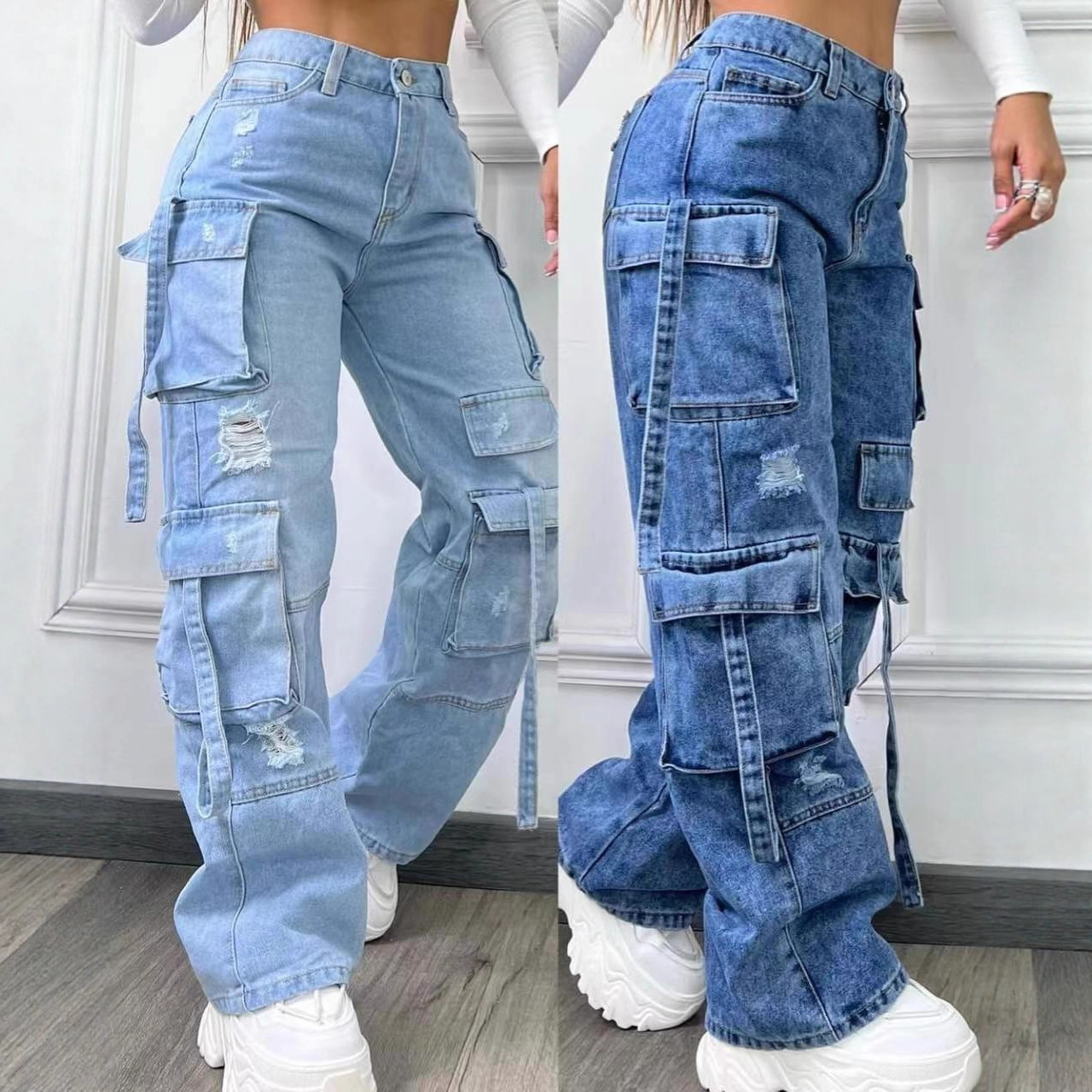 Long Foreign Trade Spicy Girl Straight-Leg Multi-Pocket Denim Cargo Pants Women Ins Style Versatile Loose Casual Pants Women