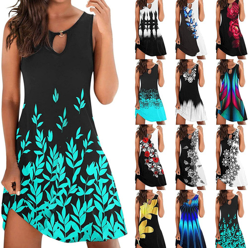 Black Mid-Waist Stylish Commute Flat Strappy Printed Midi Skirt Dress in Bulk