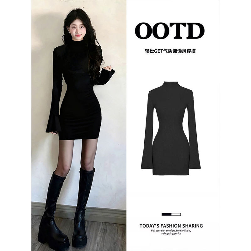 Black High-Neck Knitted Dress for Women, Tight-Fitting Bodycon Skirt, 2025 Coat Inner Layer Short Skirt, Available in Multiple Colors