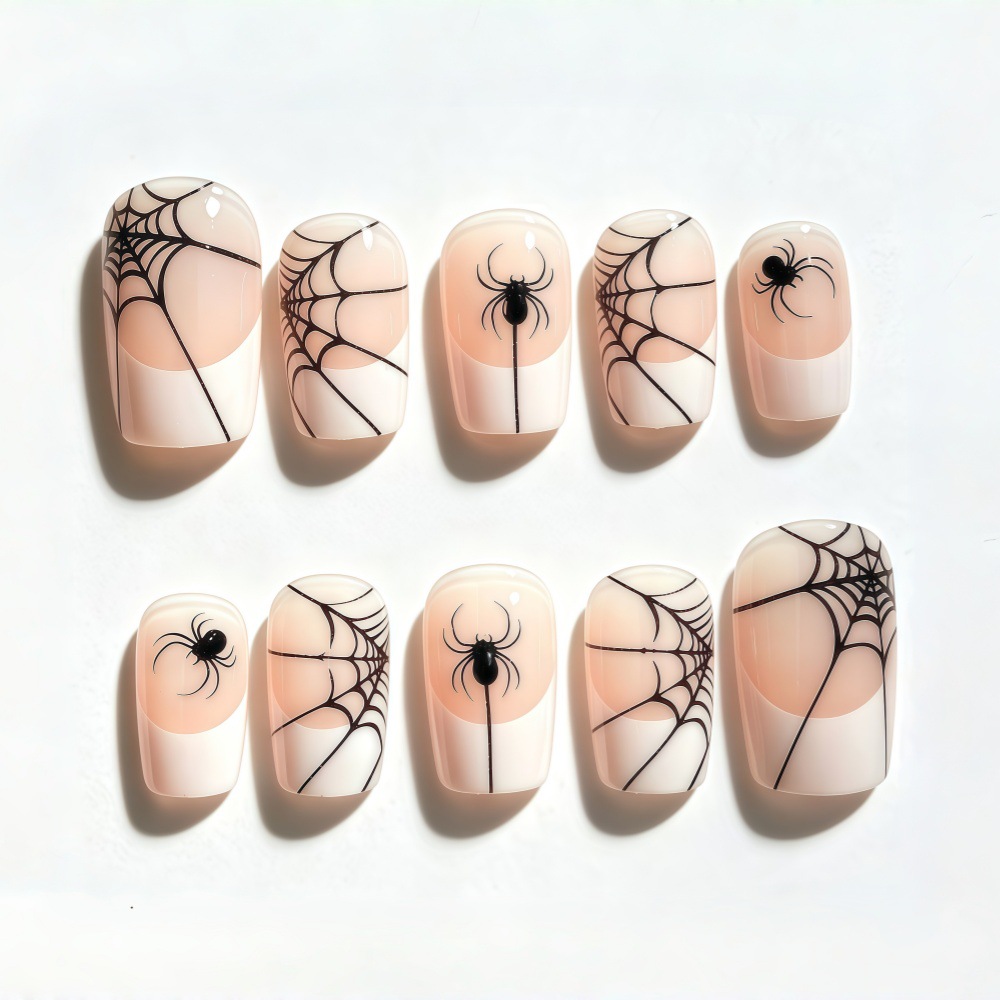 Cross-border Halloween Nude French Spider Web Press-On Nails Simple Hand-Painted Black Spider Halloween Fake Nails Wholesale