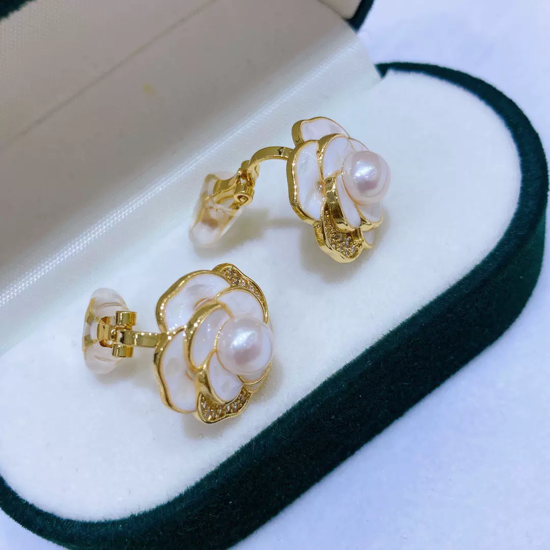 天然淡水珍珠耳环女小香风气质滴釉花花耳夹无耳洞女精致百搭耳饰