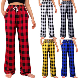 2024 Cross-border Foreign Trade Autumn and Winter Explosions Amazon Women's Straight Casual Pants Comfortable Drawstring Elastic Plaid Pajama Pants