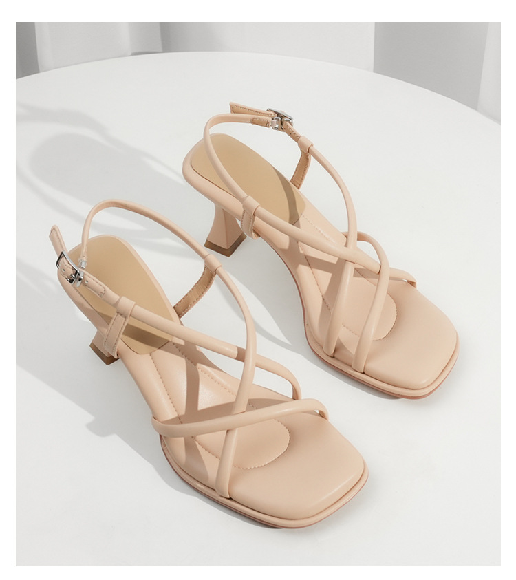 Elegant Square-toed Cross-strap Sandals Women's High Heels_voghion.com