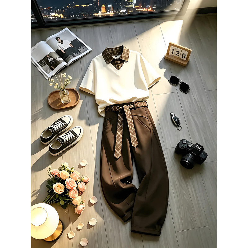 Men's summer two-piece suit in apricot color with short sleeves, featuring a stylish ribbon and curved trousers, a high-end and handsome two-piece set Men's summer two-piece suit in apricot color with short sleeves, featuring a stylish ribbon and curved trousers, a high-end and handsome two-piece set
