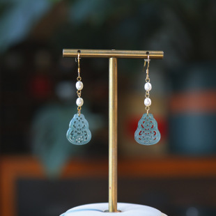 Natural jadeite earrings A goods hollow gourd long tassel earrings full-body 925 silver gold-plated accessories pearl earrings