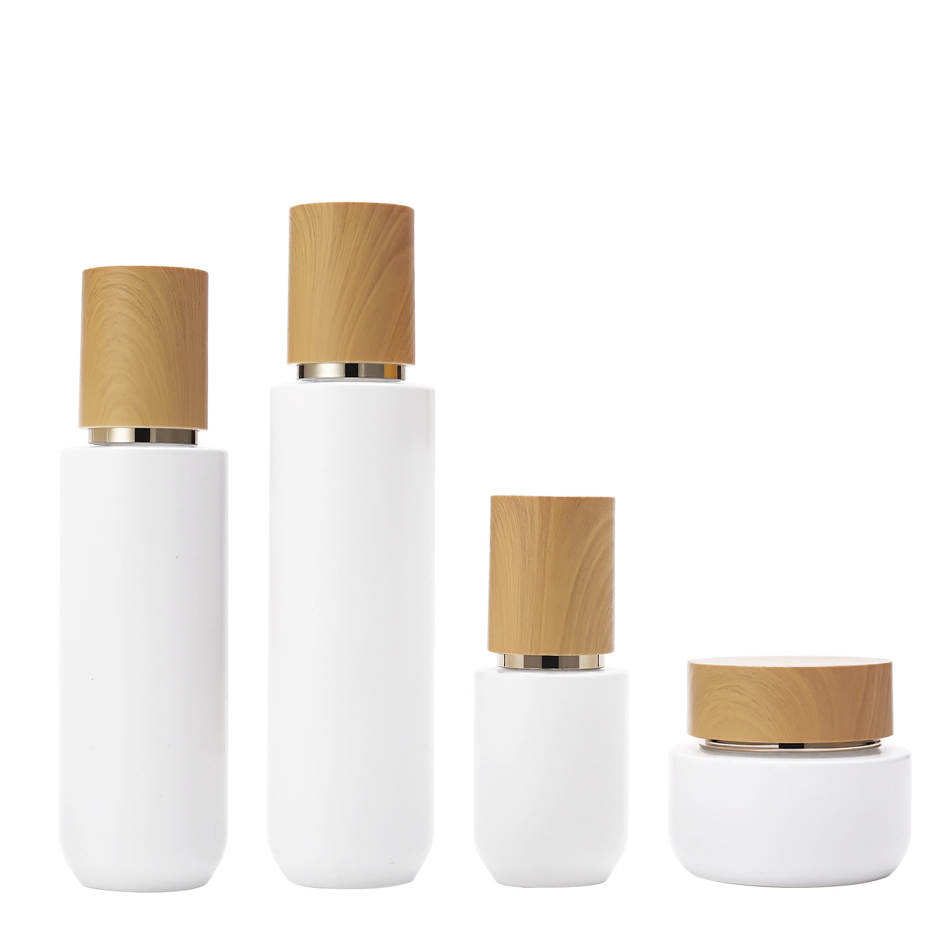 Envase cosmético conjunto de vidrio botella 50g tarro de crema blanco mate 30ml cubierta de grano de madera botella de bomba de presión 100ml botella de loción