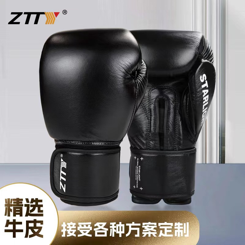 ZTTY guantes de boxeo de cuero genuino al por mayor de boxeo adulto entrenamiento de competición profesional lucha guantes de boxeo de piel de vaca forro de látex 12oz